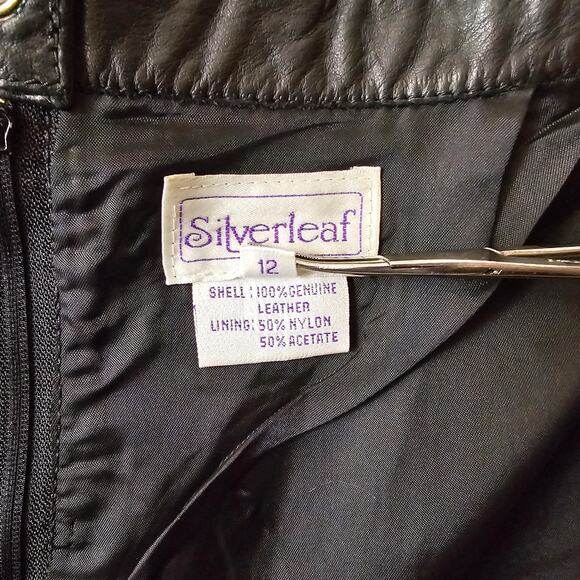 VTG SILVERLEAF Black Leather Pocket Snap Button Zipper Pencil Midi Skirt Sz 12 - Picture 12 of 16